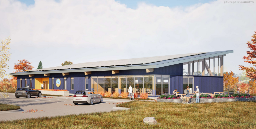 Render of the new library building, a blue and yellow building with a sloped roof.