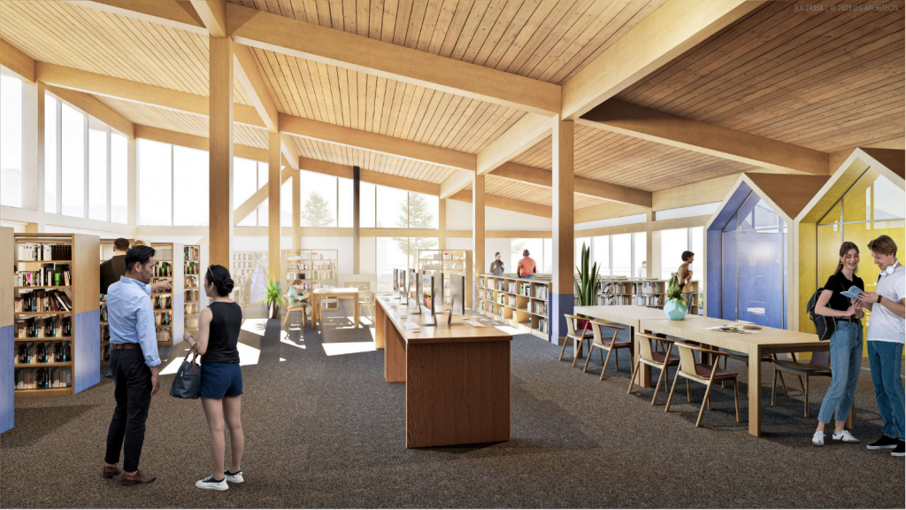 Render of the new library interior; people mingling in a large sunlit room.