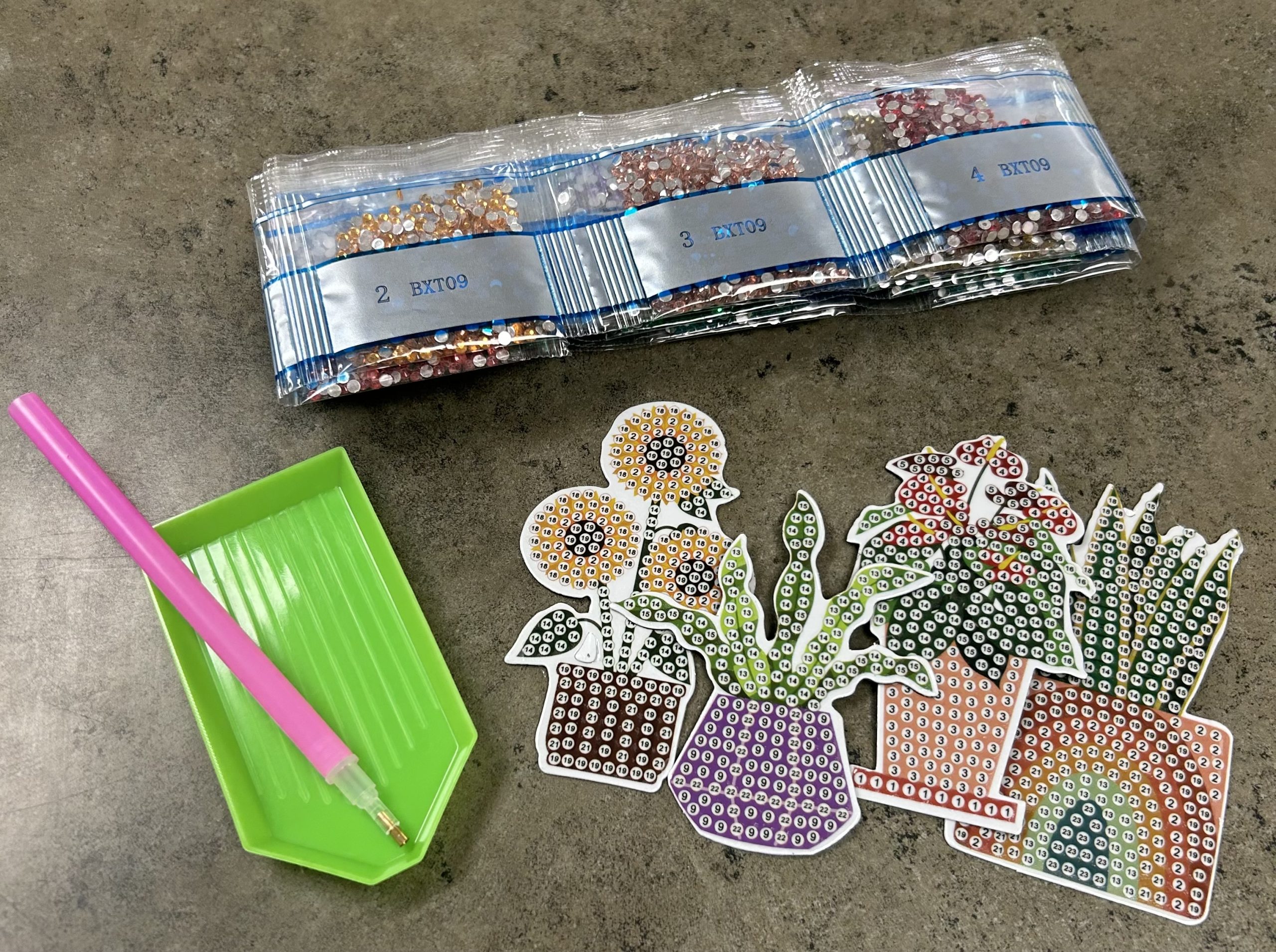 Crafternoon event; photo of plant-themed diamond art decals, diamonds, and tools.