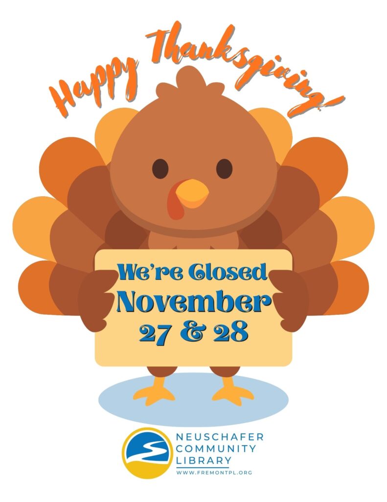Text reading "Happy Thanksgiving!" above a turkey holding a sign that says "We're closed November 27 & 28".